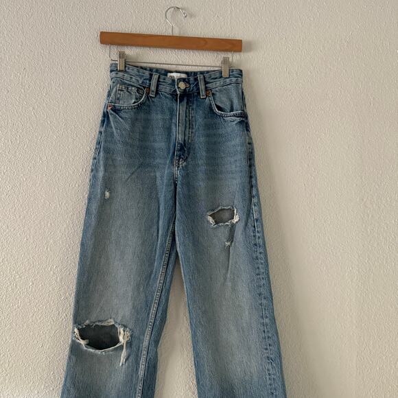 Zara Wide Leg Jeans Womens 2 distressed medium wash high rise zipper fly - Picture 5 of 6